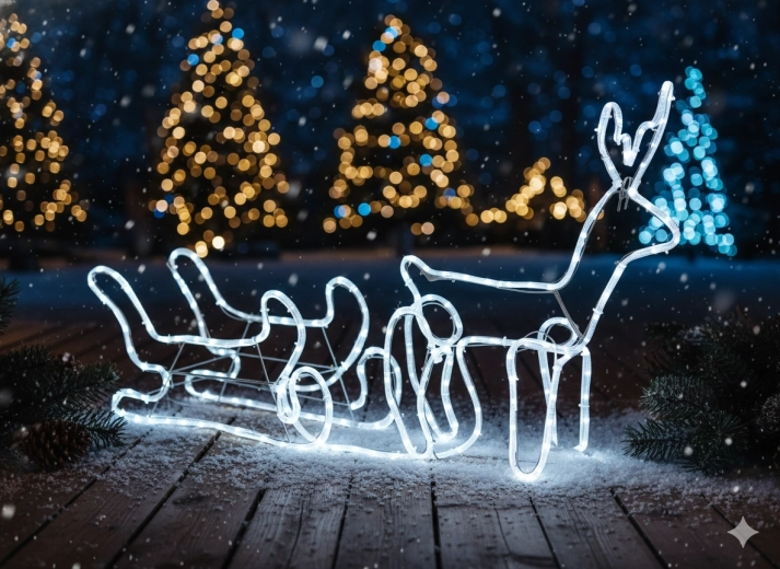 Świąteczny renifer LED z saniami 120 × 27 × 66 cm – zimna biel z zimnym migotaniem