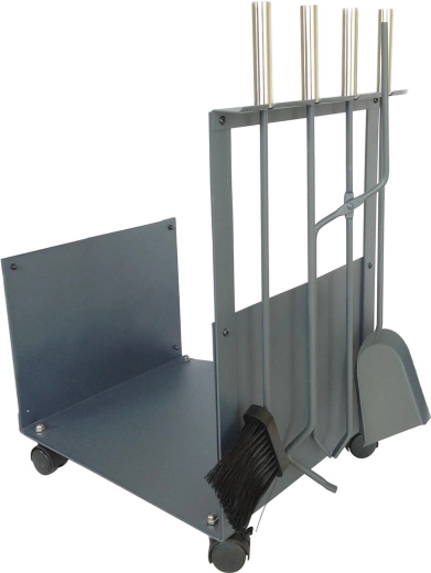 Kosz kominkowy z narzędziami 62 cm – stal i drewno, szary, zestaw 4 części