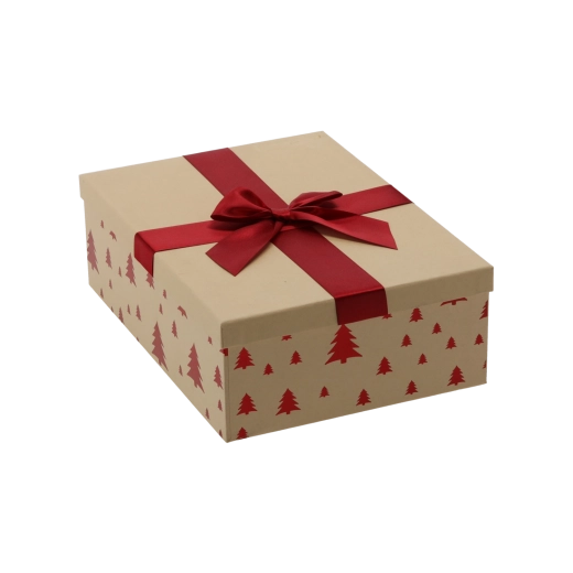 Świąteczne pudełko prezentowe brązowe z bordową kokardą 26,5 × 18 × 7 cm