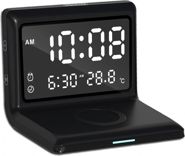 Budzik cyfrowy 3w1 z bezprzewodowym ładowaniem 15 W i termometrem, lustrzany wyświetlacz