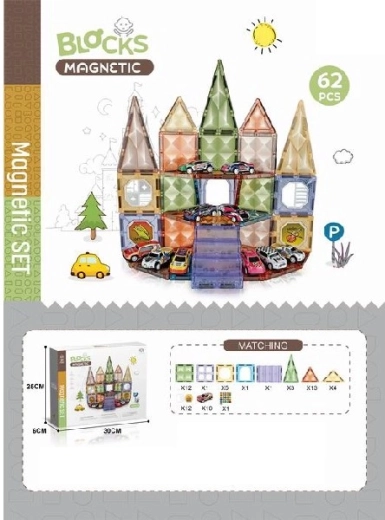Magnetyczne klocki konstrukcyjne z autkami, 62 szt.