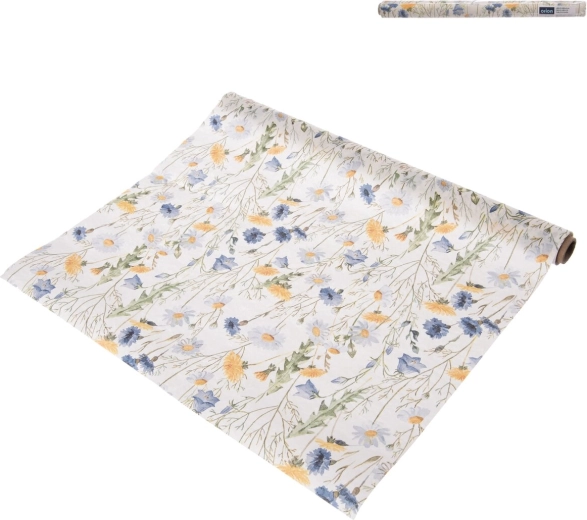 Papierowy bieżnik na stół z motywem wiosennych kwiatów, niebieski 180 × 40 cm