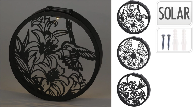 Solarna ścienna dekoracja LED okrągła metal czarna/złota 25 cm