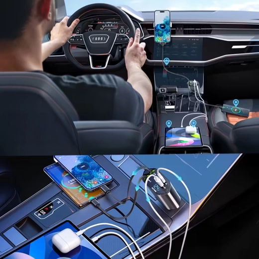 Ładowarka samochodowa 4w1 z USB‑C i Lightning, wysuwany kabel, szybkie ładowanie 100 W