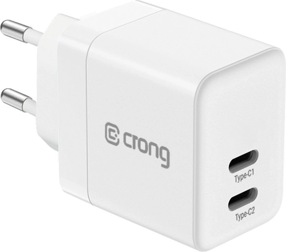 Crong ultrakompaktowa sieciowa ładowarka GaN 2× USB-C 35 W PD 3.0 z PPS biała