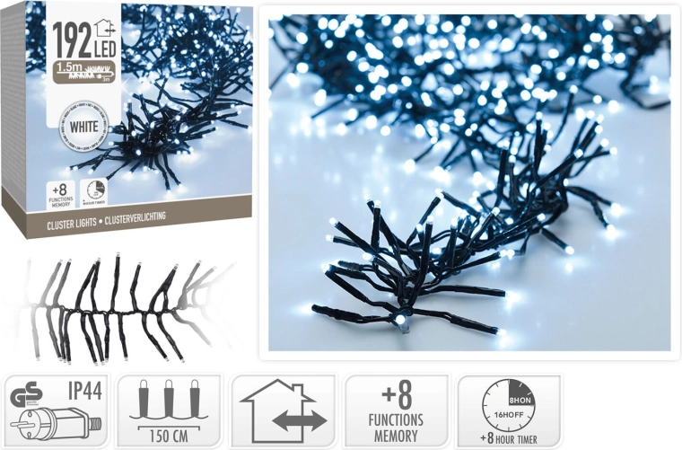 Świąteczny łańcuch LED 1,5 m, 192 LED, zimna biel, 8 funkcji z timerem