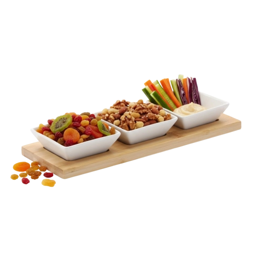 Elegancki zestaw porcelanowych miseczek na bambusowej tacy 28 × 10 × 3 cm