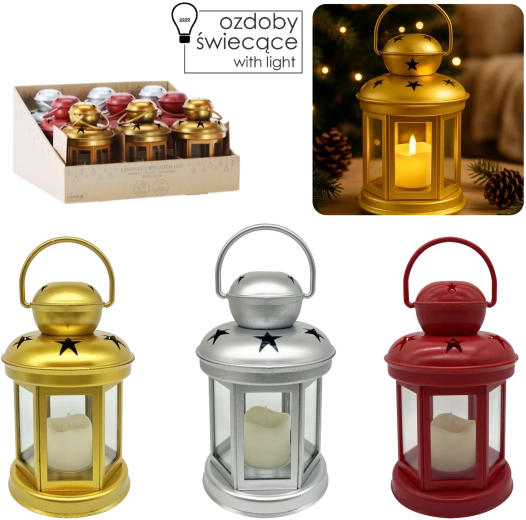 Dekoracyjny lampion LED 19 cm – srebrny, złoty i czerwony
