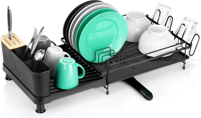 Rozsuwana metalowa suszarka/ociekacz do naczyń, czarna, 48–70 × 32,5 × 18 cm