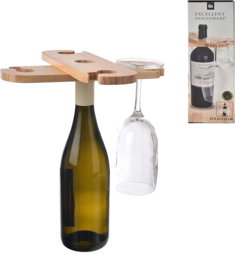 Drewniany stojak na wino i kieliszki beżowy 25 × 8 cm