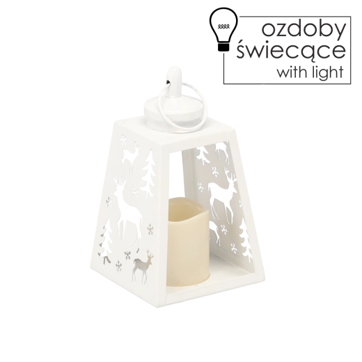 Lampion LED z metalu, biały, z motywem renifera 12 × 21,5 cm