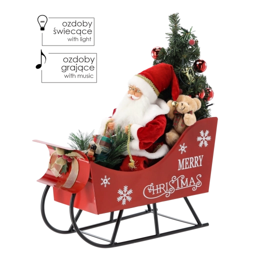 Mikołaj w saniach z choinką LED i melodiami 60 cm