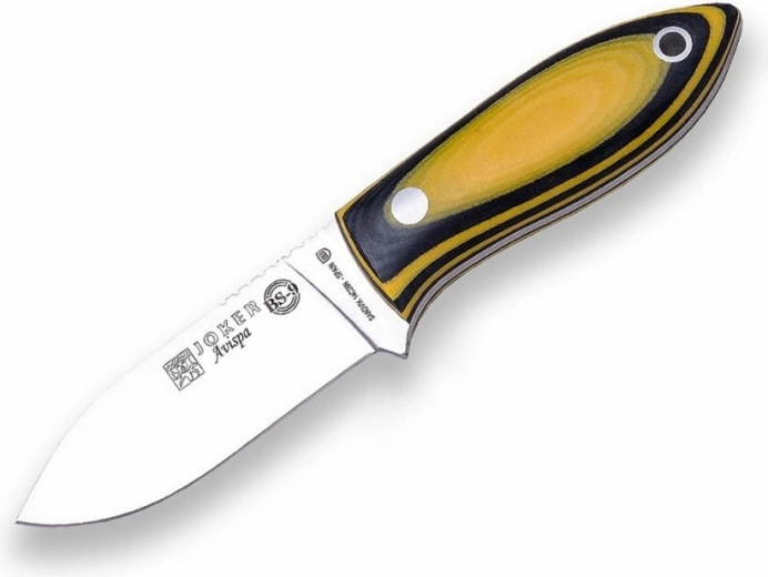Nóż myśliwski JOKER Cuello Avispa 8 cm, czarno‑pomarańczowy, Micarta, kabura Kydex, paracord