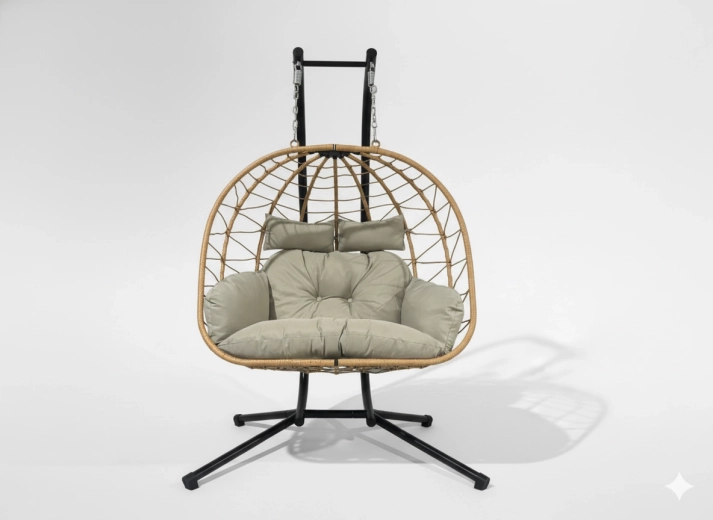 Wiszący podwójny fotel LUVO, brązowe wykończenie plecione, jasnoszara poduszka, czarna rama