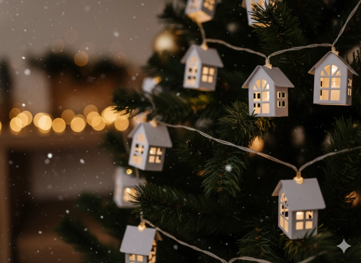 Świetlny łańcuch LED z metalowymi domkami, 10 świateł na baterie