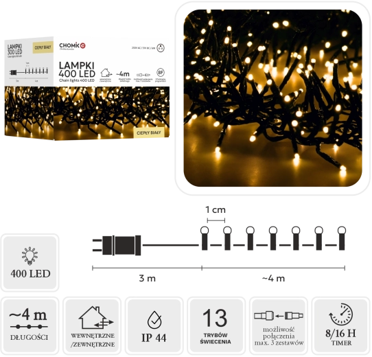 Łańcuch LED Cluster 400 LED ciepła biel, 7 m do wnętrz i na zewnątrz