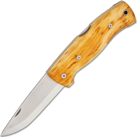 Helle Bleja outdoorowy składany nóż kieszonkowy 8,5 cm, brzoza czeczotowa, skórzane etui - 1 sztuka