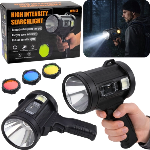 Solarny ręczny reflektor LED 800 lm z powerbankiem i wymiennymi filtrami