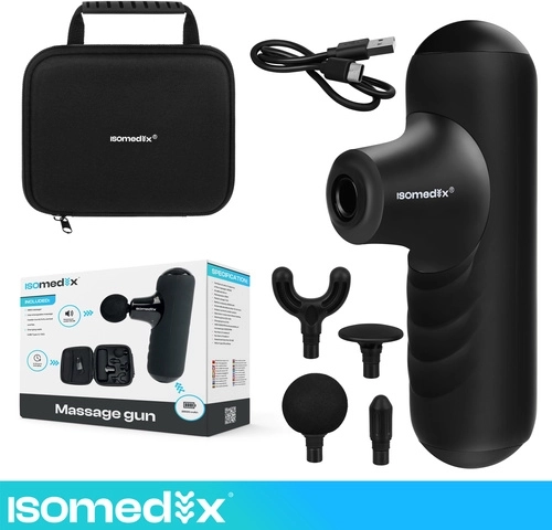 Mini pistolet do masażu Isomedix z 5 trybami, 4 nasadkami i etui