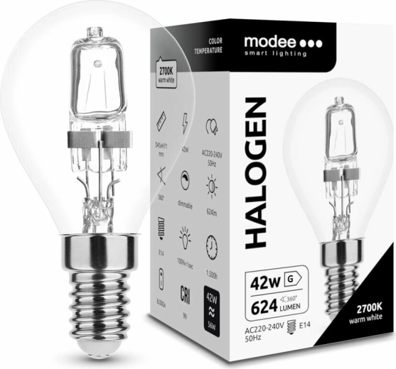 Halogenowa żarówka mini globe 42 W E14 ciepła biel MODEE ECO