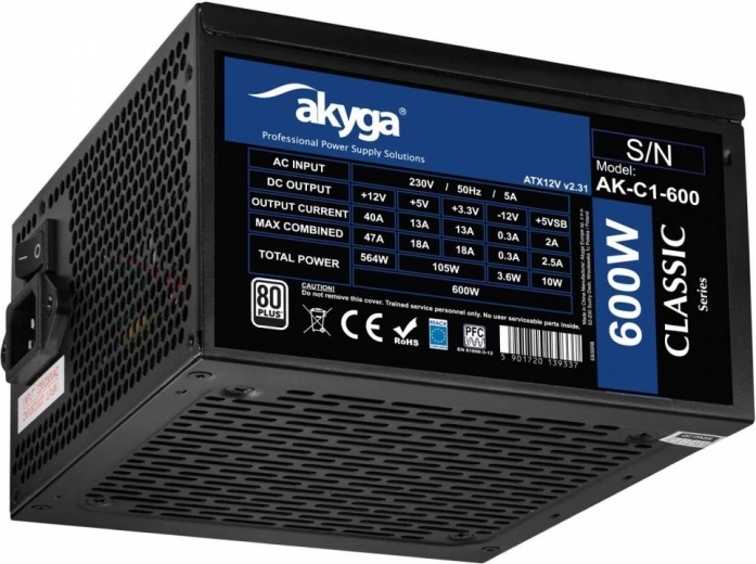 Akyga AK-C1-600 zasilacz ATX 600 W Classic z certyfikatem 80 PLUS