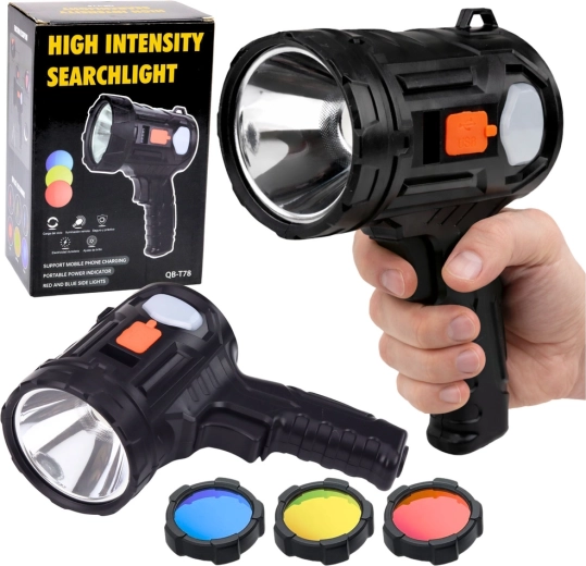 solarny ręczny reflektor LED z 6 trybami i wymiennymi filtrami 19 cm