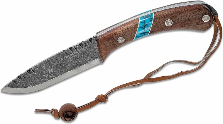 Nóż myśliwski Condor Blue River z skórzanym etui, drewno orzechowe i turkus, 11 cm
