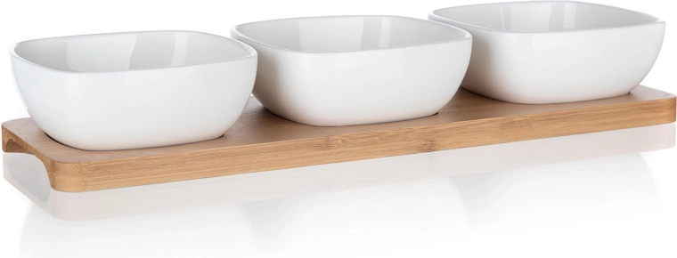 Zestaw porcelanowych misek do serwowania na bambusowej tacy BRILLANTE, 3 miski