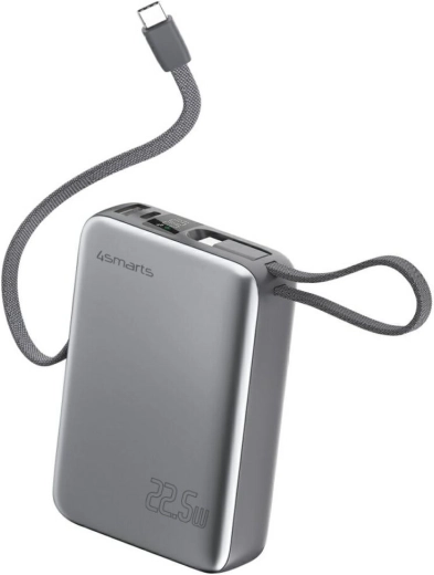 Powerbanka 4smarts Pocket Dual Cord 20000 mAh, 22,5 W, z wbudowanym kablem USB‑C 15 cm, szara