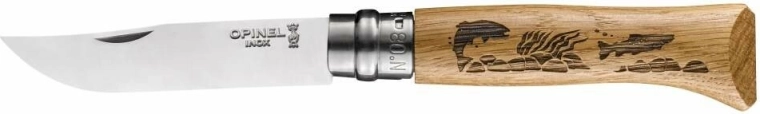 Opinel N°08 Inox Animalia nóż składany z motywem ryb, drewno dębowe, 8,5 cm