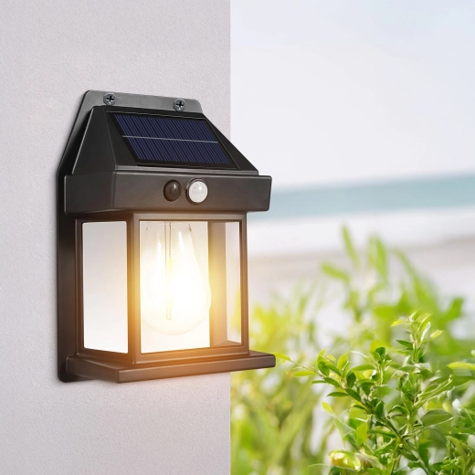Solarna lampa ścienna z czujnikiem ruchu i żarówką LED filamentową, czarna