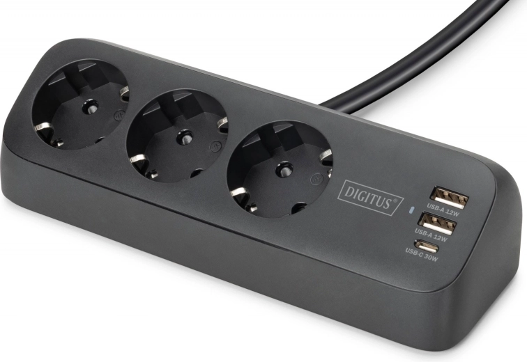 biurkowa listwa przeciwprzepięciowa z 3 gniazdami Schuko i USB-A/USB-C z mocowaniem zaciskowym do blatu, czarna