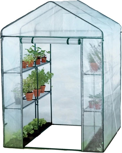 Ogrodowa szklarnia tunel warzywny z półkami na kwiaty biała 140 x 140 x 200 cm
