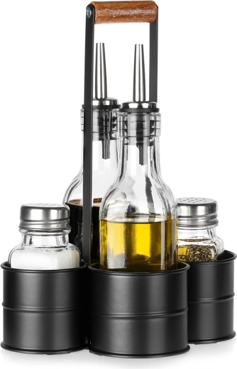 Zestaw do oleju i octu z solniczką i pieprzniczką w stojaku, 5‑częściowy
