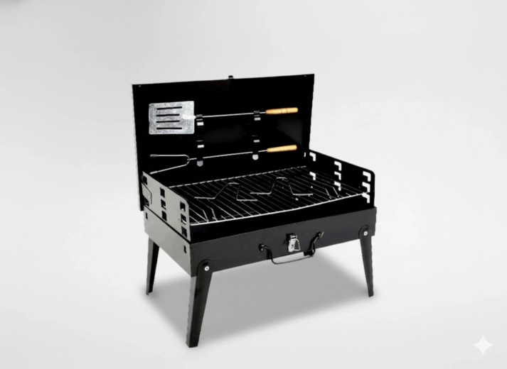 Składany turystyczny grill w kształcie kuferka z sztućcami 43 × 26,5 × 46,5 cm