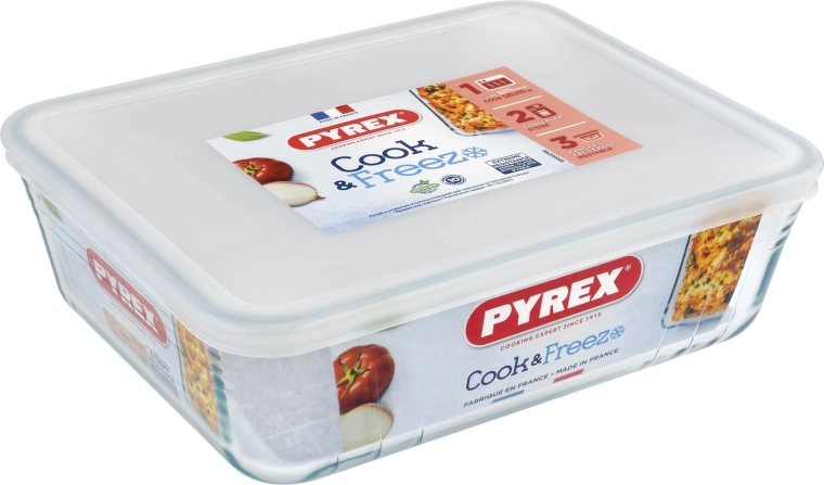 Szklane naczynie PYREX 2,6 l z pokrywką, 24 × 19 × 8 cm