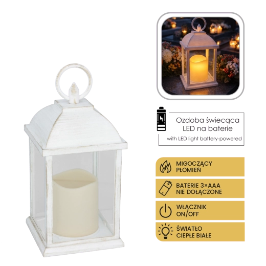 Biały lampion LED z migoczącą świeczką 10,5 × 10,5 × 20,5 cm - 1 szt.