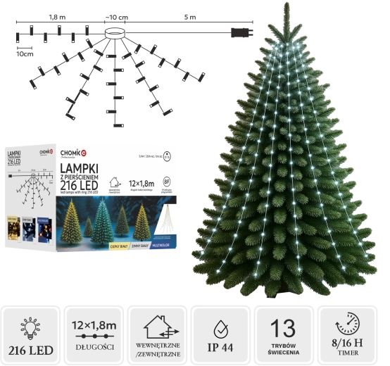 LED łańcuch świetlny z pierścieniem 1,8 m, 216 LED, zimna biel, wnętrze/zewnętrze