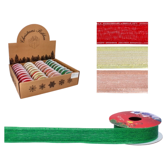 Świąteczna dekoracyjna wstążka 2,5 cm × 2,7 m z satynowym połyskiem i usztywnionym brzegiem