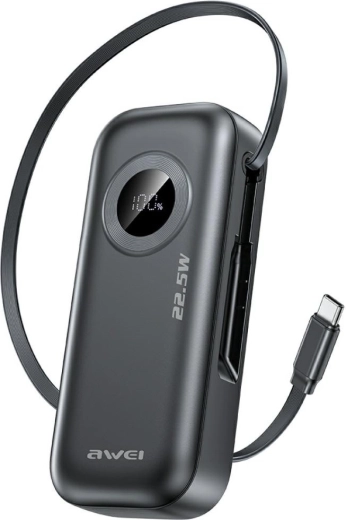 Powerbank Awei PA-9 10 000 mAh 22,5 W z wbudowanym kablem USB-C czarny