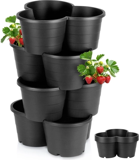 Plastowy kaskadowy kwietnik czarny, zestaw sztaplowany 4 szt.