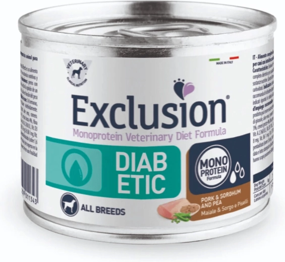 Exclusion Diabetic, mokra karma dla psów wszystkich ras, wieprzowina z sorgo i groszkiem 200 g