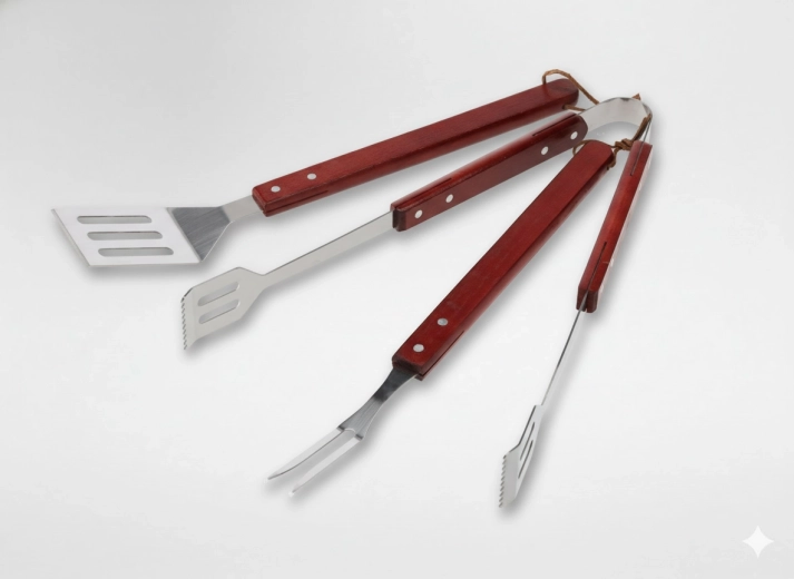 Zestaw 3 narzędzi do grillowania z drewnianymi uchwytami – łopatka, szczypce i widelec