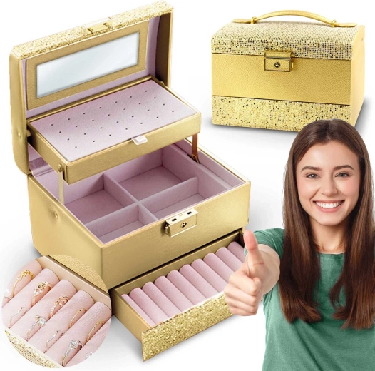 Złota szkatułka na biżuterię MASSIDO z uchwytem i zamkiem