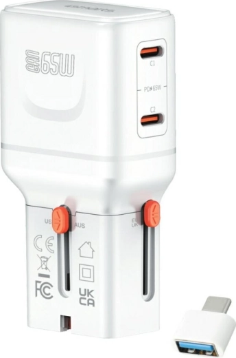 Podróżna ładowarka 4smarts World Travel Adapter Nomad Pocket GaN 65 W, USB‑C + USB‑A, biała