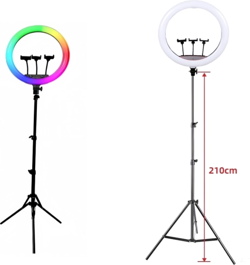 RGB LED ring light na statywie z 3 uchwytami na telefon (45 cm)
