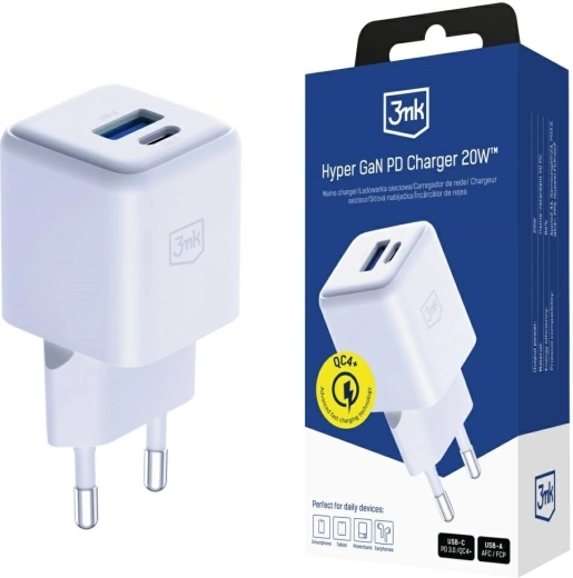 Ładowarka sieciowa 3mk Hyper GaN 20 W USB-A i USB-C biała
