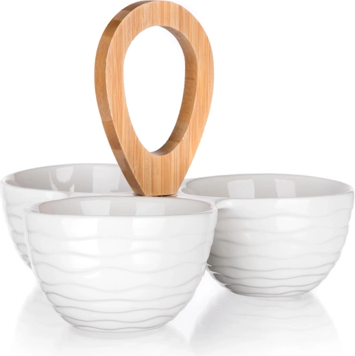 Zestaw do serwowania trzech porcelanowych misek z bambusowym uchwytem BRILLANTE