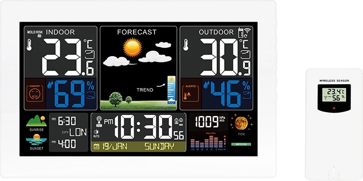 Solight stacja pogodowa z ekstra dużym kolorowym wyświetlaczem LCD, pomiarem temperatury, wilgotności i ciśnienia, RCC oraz ładowaniem USB, biała