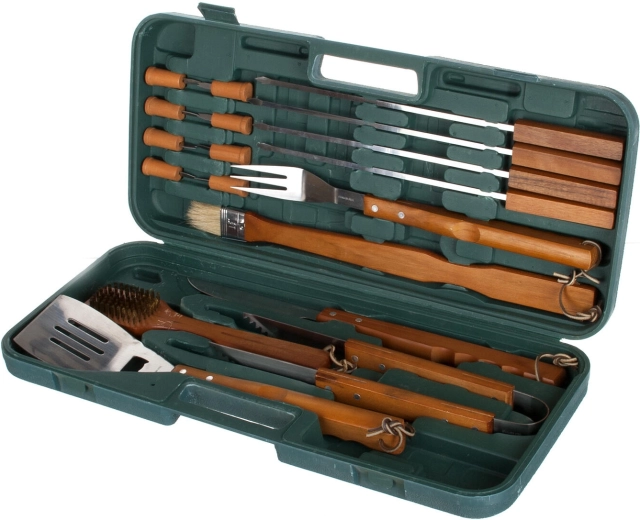 Zestaw narzędzi do grilla ze stali nierdzewnej z drewnianymi uchwytami, 18 elementów w walizce